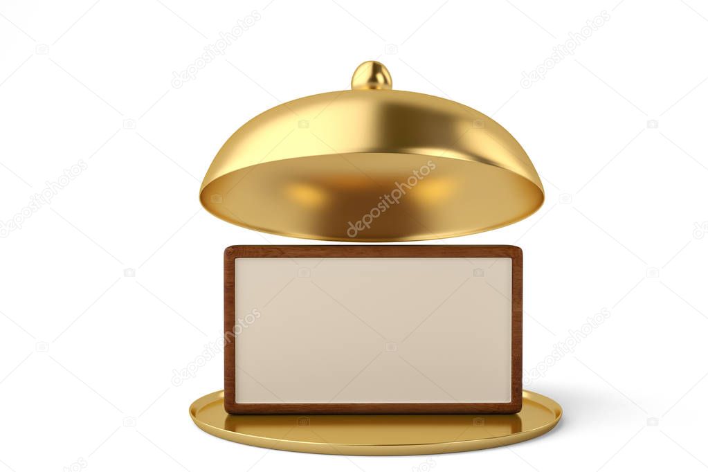 Golden opened cloche with wooden board isolated on white backgro
