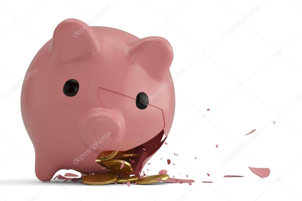Broken piggy bank with dollar coins. 3D illustration.