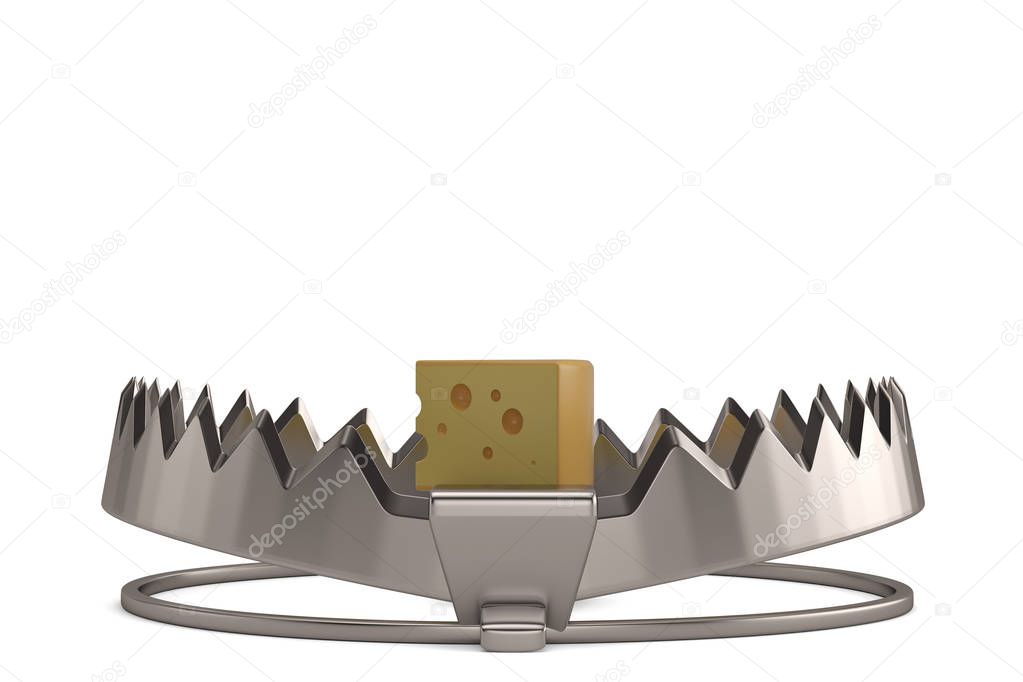 Cheese on bear trap. 3D illustration.
