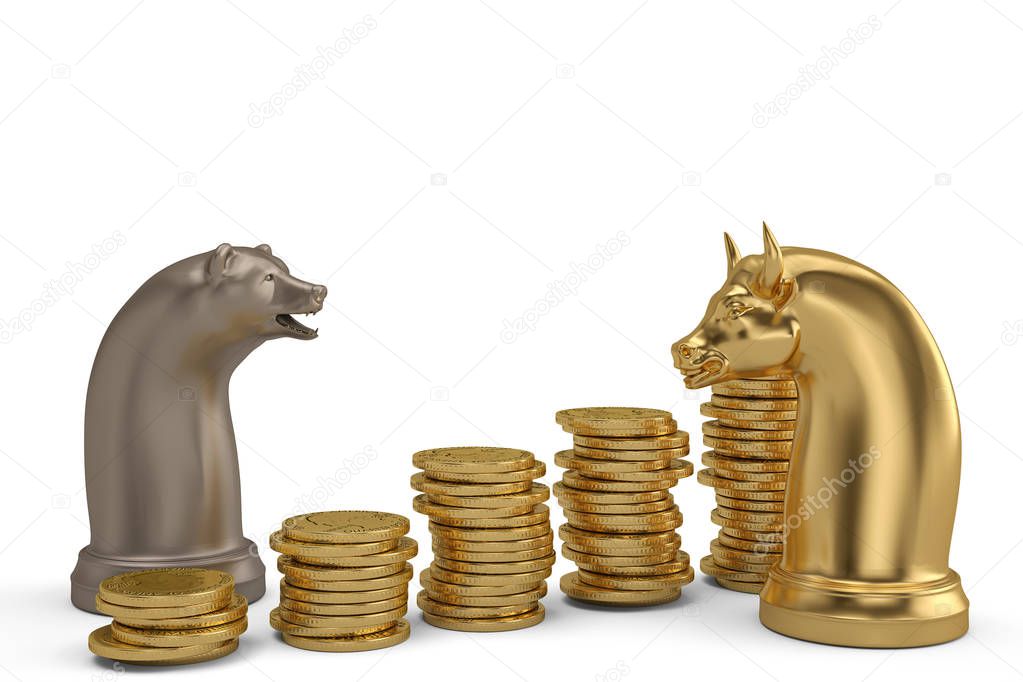Stock concept bear and bull chess piece and gold coin stacks on 
