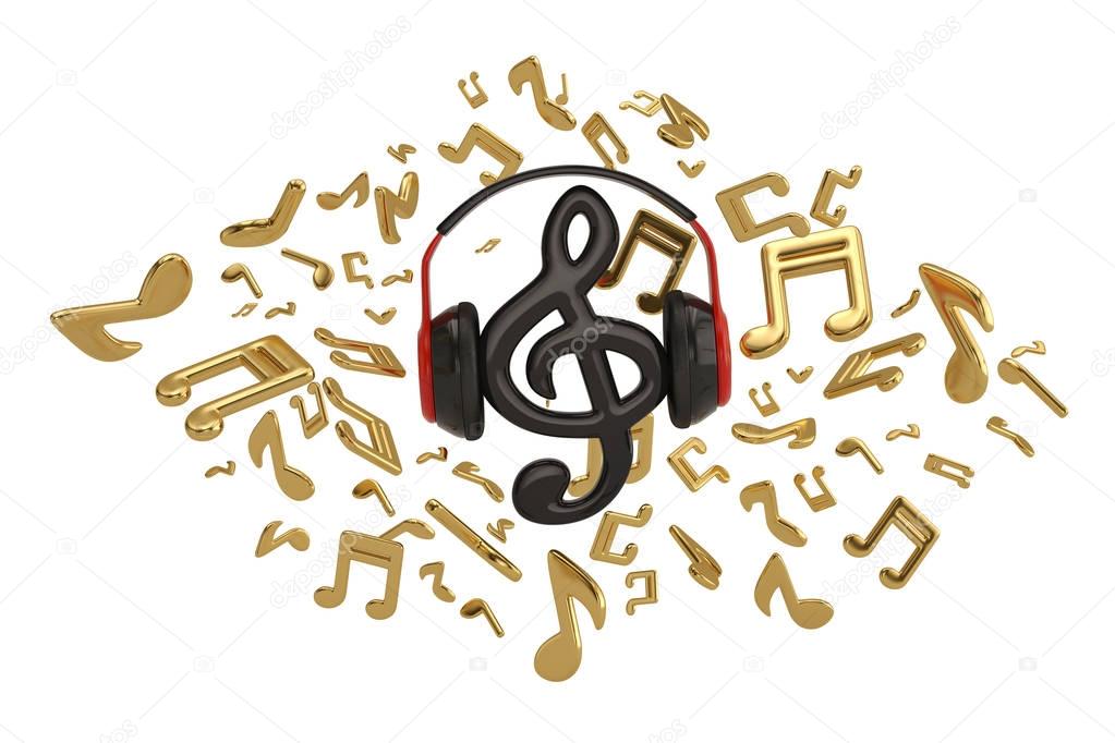 Music notes splash from headphone with music symbol on white bac