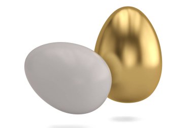 Altın yumurta ve beyaz yumurta. 3D çizim.