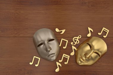 Tiyatro maskesi ve müzik notlar 3d çizim.