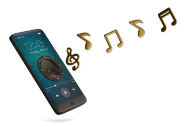 Hoparlöre smartphone ve müzik Not Ses concept.3d illustrati