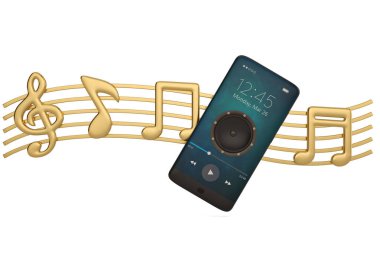 Hoparlöre smartphone ve müzik notlar ses concept.3d illustrat