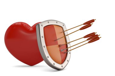 Beyaz background.3d illustr kalkan ve kırmızı kalp üzerindeki oku
