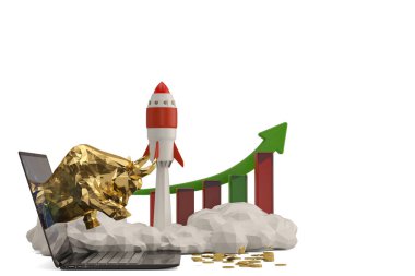 Dizüstü bilgisayar ve rocket.3d çizim ile altın boğa.