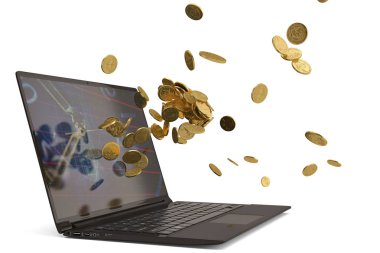 Laptop ve altın sikkeler üzerinde beyaz background.3d illüstrasyon.