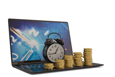 Beyaz background.3d illüstrasyon laptop ile altın boğa.