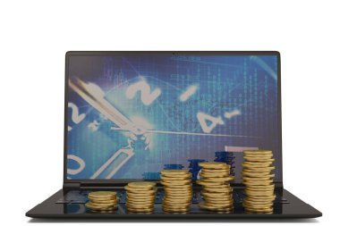 Laptop ve altın para yığınları üzerinde beyaz background.3d illüstrasyon.