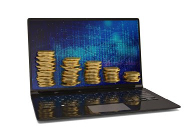 Laptop ve altın para yığınları üzerinde beyaz background.3d illüstrasyon.