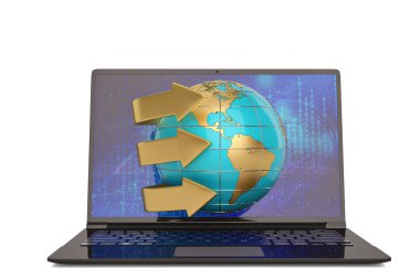 Ok ve laptop beyaz background.3d illüstrasyon Küre.