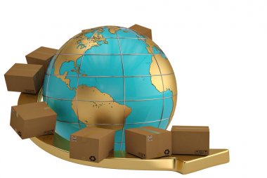 Ok ve beyaz arka plan üzerinde küre kartonları. 3D illustratio