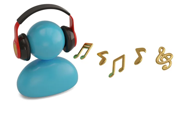 Persona azul con auriculares escuchando música.Ilustración 3D —  Fotos de Stock