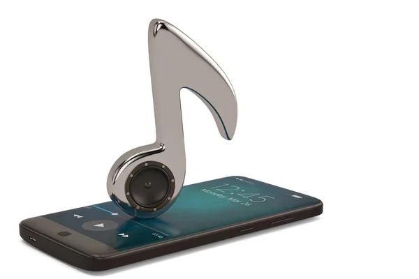 Altavoz en nota musical y concepto de audio para smartphone. Ilustración 3D —  Fotos de Stock