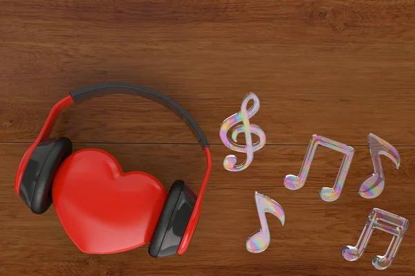 Coeur rouge avec écouteurs et notes de musique.Illustration 3D . — Photo