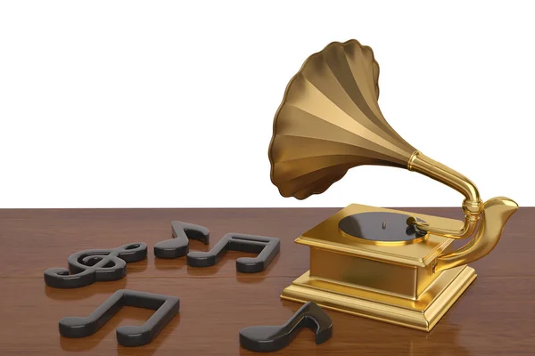 Altın gramofon ve müzik notes.3d illüstrasyon. — Stok fotoğraf
