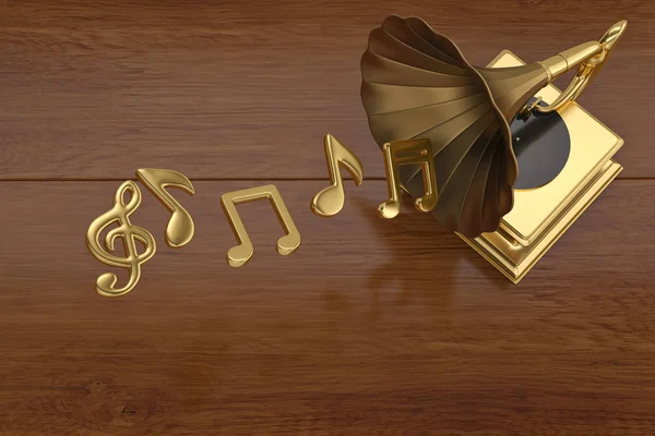 Gramófono dorado y notas musicales.Ilustración 3D . —  Fotos de Stock