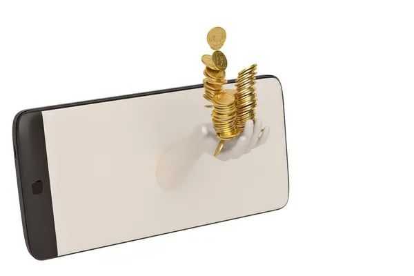 Mão com pilhas de moedas de ouro e smartphone criativo concept.3d il — Fotografia de Stock