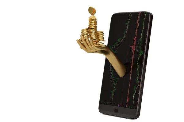 Hand mit Goldmünzstapeln und Smartphone kreatives Konzept.3d il — Stockfoto