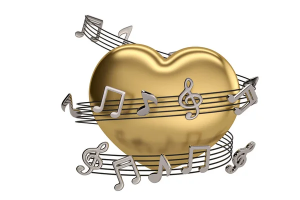 Corazón de oro y notas musicales.Ilustración 3D . —  Fotos de Stock