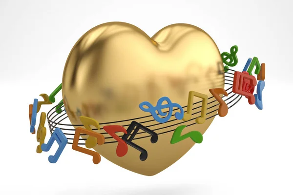 Corazón de oro y notas musicales.Ilustración 3D . — Foto de Stock