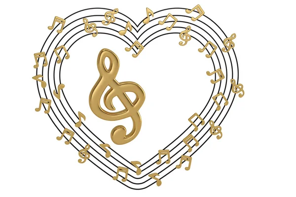 Altın büyük müzik sembolü ve müzikal notes.3d illus ile yapılan kalp — Stok fotoğraf