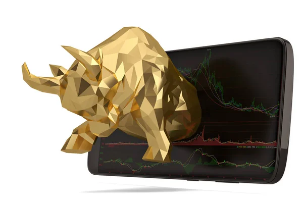 Gold bull with smart-phone 3d illustration.