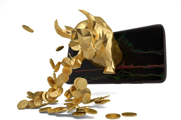 Złota Bulla z smart telefonu i złote monety 3d ilustracja. — Zdjęcie stockowe