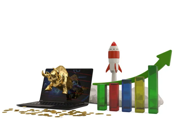 Gold bull with laptop and rocket.3D illustration.