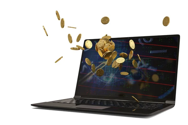 Laptop i złote monety na background.3d biały ilustracja. — Zdjęcie stockowe
