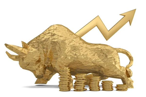 Gouden stier met munten en omhooggaan arrow.3d illustratie. — Stockfoto