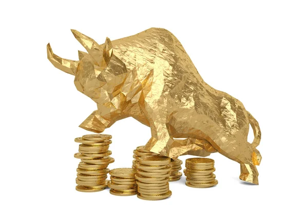 Gouden stier met munten op witte background.3d afbeelding. — Stockfoto