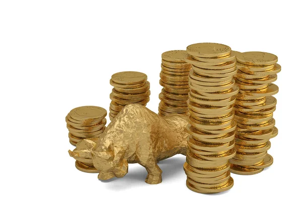 Gouden stier met gouden munten stapels op arrow.3d afbeelding. — Stockfoto