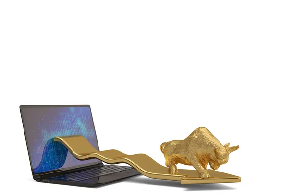 Zlatý býk s laptop úsporné akciového trhu chart.3d illustrat — Stock fotografie