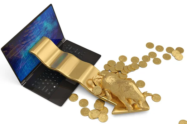 Złota Bulla z laptopa i złoto monety ekonomiczne giełdzie cha — Zdjęcie stockowe