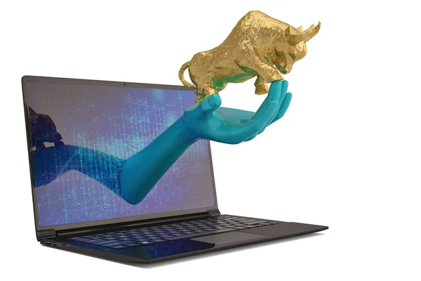 Gold bull on hand with laptop on white background.3D illustratio