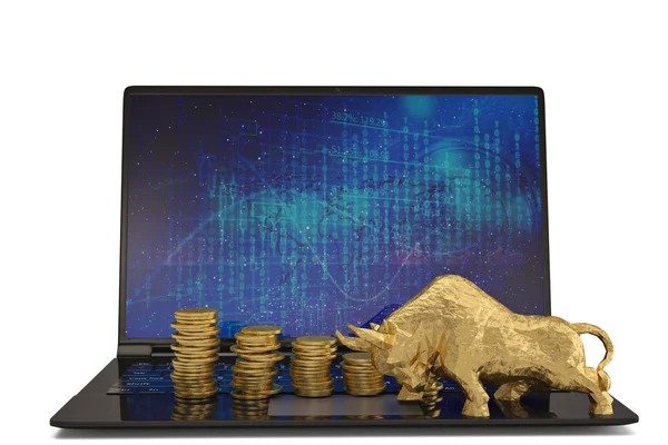 Touro de ouro com laptop e pilhas de moedas de ouro em fundo branco.3 — Fotografia de Stock