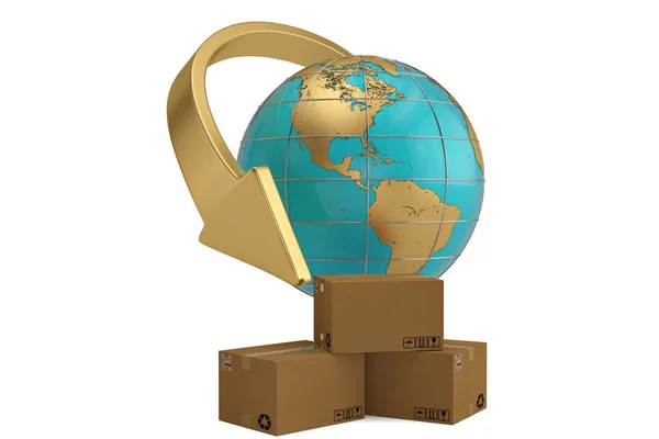 Cartons with arrow and globe on white background. 3D illustratio — Stock Photo, Image