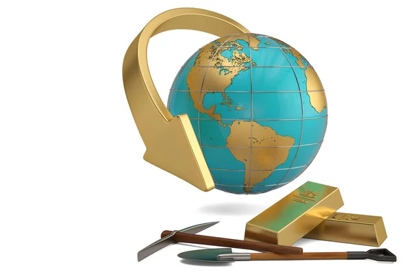 Goldziegel und Globus auf weißem Hintergrund. 3D-Illustration. — Stockfoto