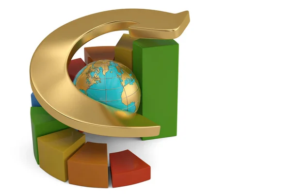 Rosnący biznes koncepcja wykres kołowy z strzałkę i globe. 3D pokazanego — Zdjęcie stockowe