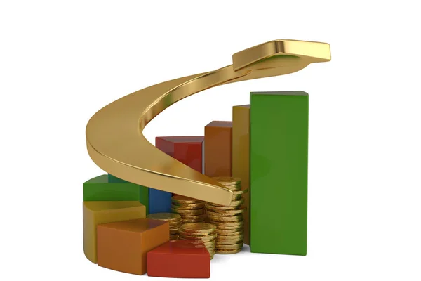 Rosnący biznes koncepcja stosy złota moneta ze strzałką. ilustr 3D — Zdjęcie stockowe