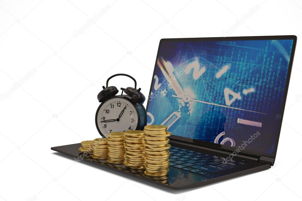 Laptop with alarm clock and gold coin stacks on white background