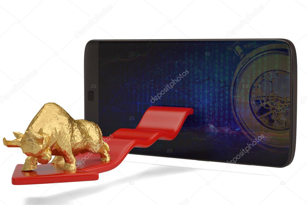 Gold bull with smart phone economical stock market chart.3D illu