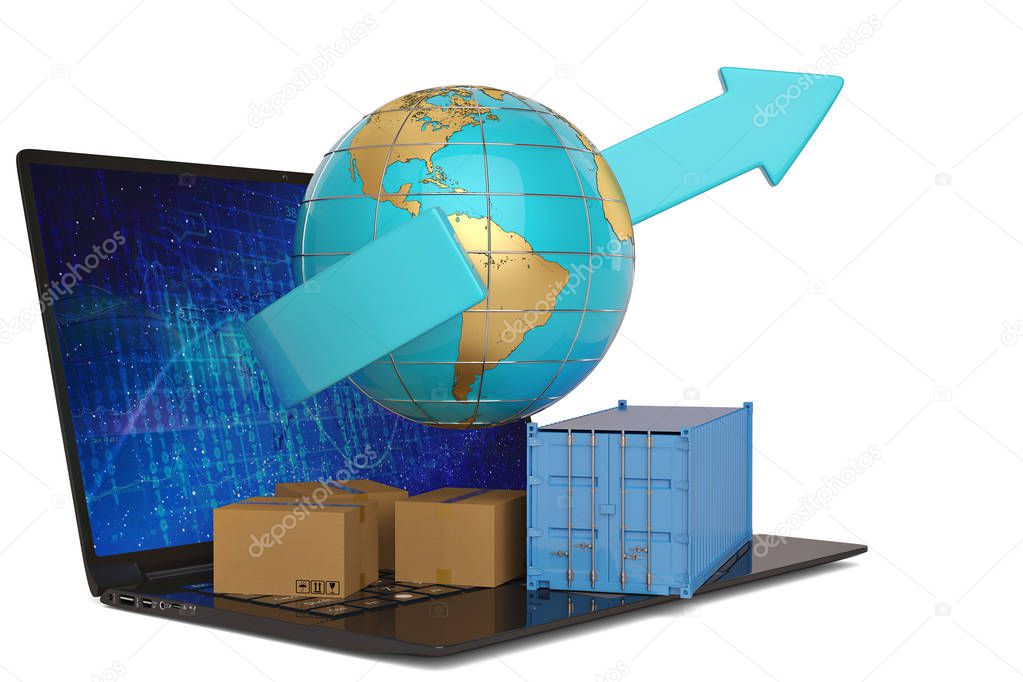 Container and carton and globe with laptop on white background.3