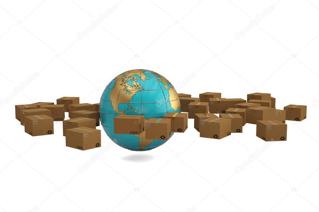 Cartons and globe on white background. 3D illustration.