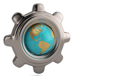 Küre ve beyaz arka plan üzerinde dişli. 3D çizim.