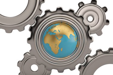 Küre ve vites beyaz arka plan üzerinde. 3D çizim.