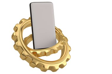 Akıllı telefon ve vites beyaz arka plan üzerinde. 3D çizim.