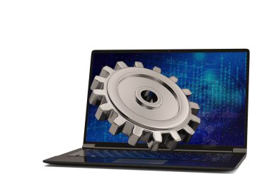 Laptop ve beyaz arka plan üzerinde dişli. 3D çizim.